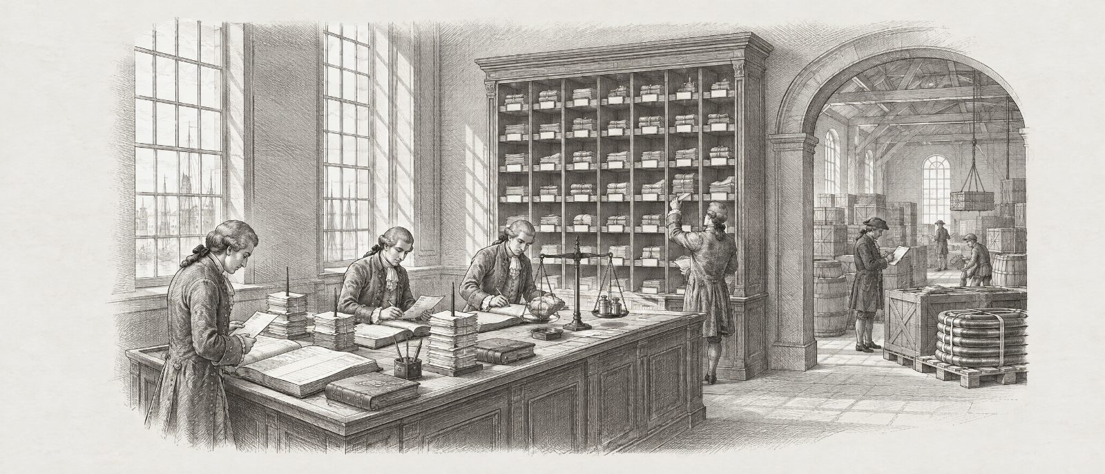 An engraving of a trading company’s counting house: clerks at a long desk comparing invoices with ledgers and price books, invoices on spikes, a balance scale, and through an archway a warehouse of crates and pipe being checked against a list.
