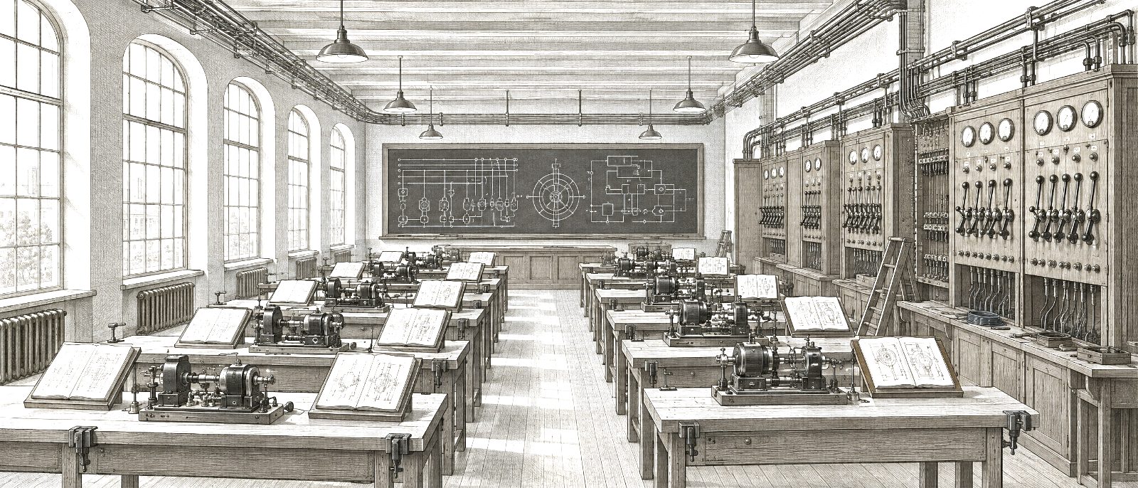 An engraving of a training room in an instrument works: rows of benches each set with the same machine and an open manual, diagrams on a blackboard, and a switchboard being fitted along the wall.