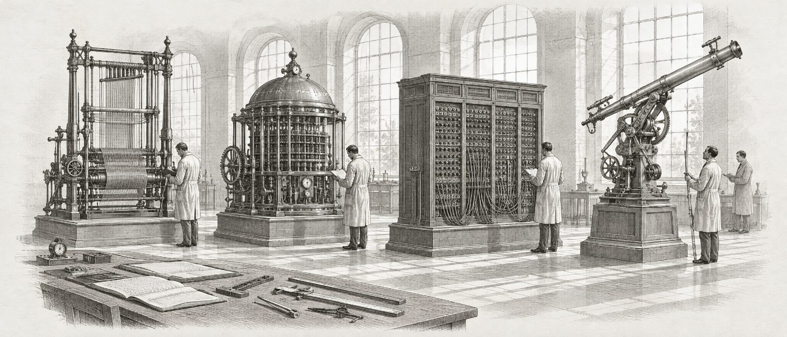 An engraving of an instrument testing hall: four different machines on matched plinths, a loom, a domed engine, a switchboard and a telescope, with an engineer comparing each, and rulers and ledgers on a bench in front.