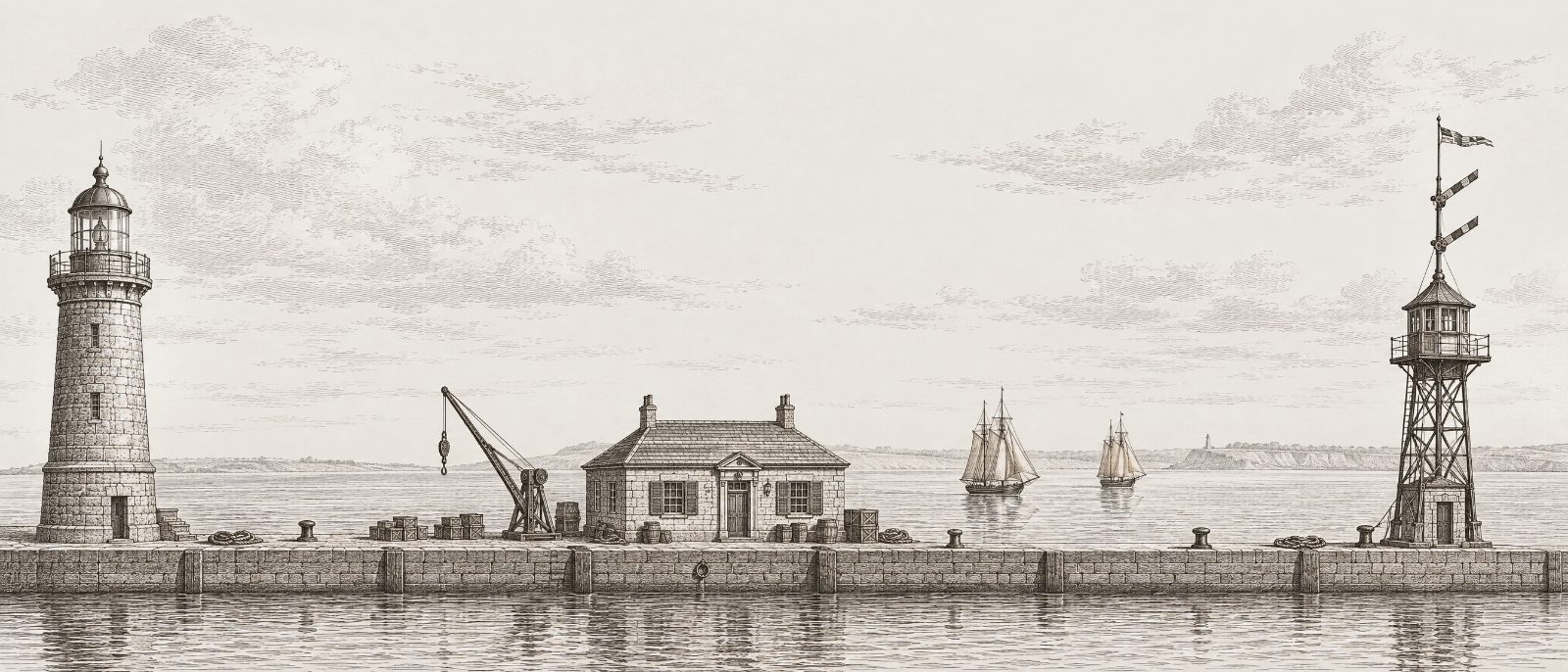An engraving of a harbor at dawn: an old stone lighthouse and a newer iron signal station standing on the same long quay, with two sailing ships coming in.
