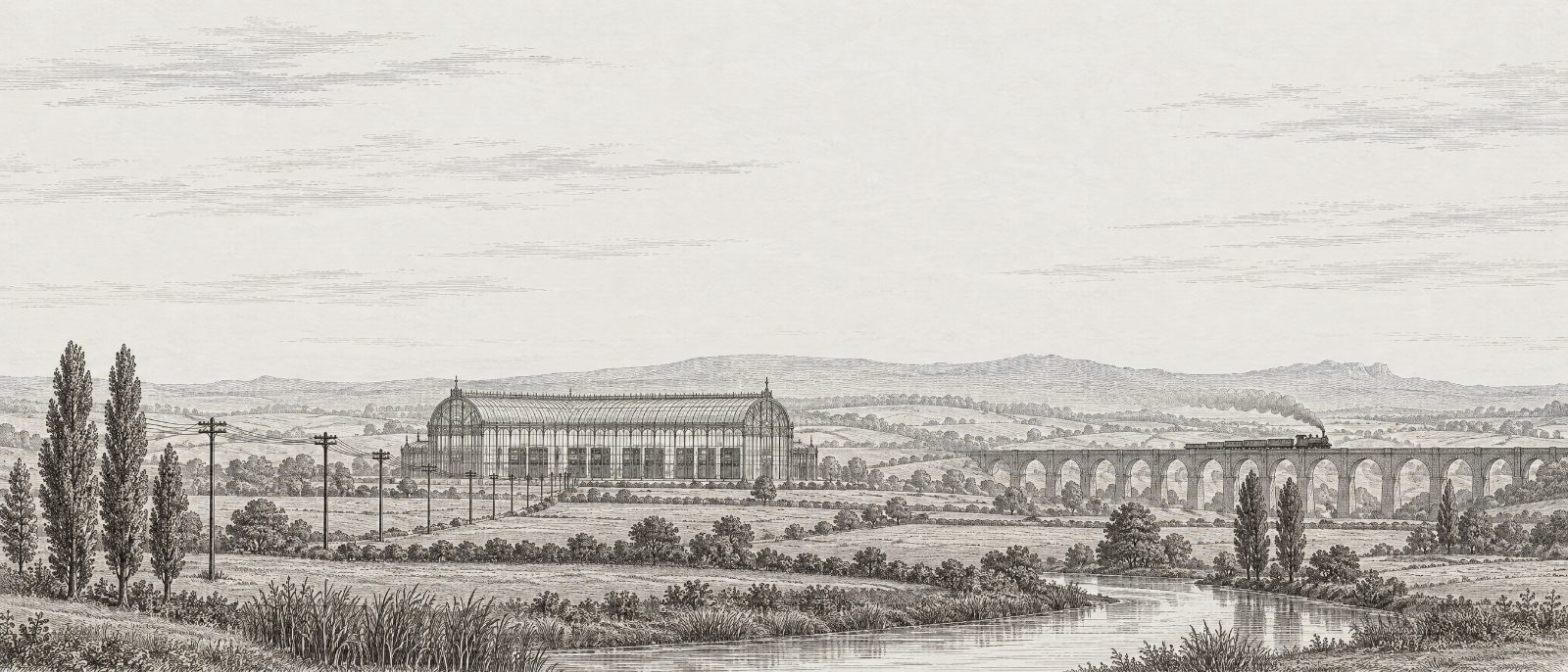 An engraving of a glass and iron hall of machine cabinets in a river valley at morning, cable lines running to it across the fields and a train crossing a stone viaduct.