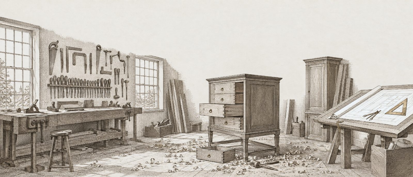 An engraving of a joiner's workshop: tools hung in order on the wall, a long workbench, and a chest of drawers being fitted, wood shavings on the floor.
